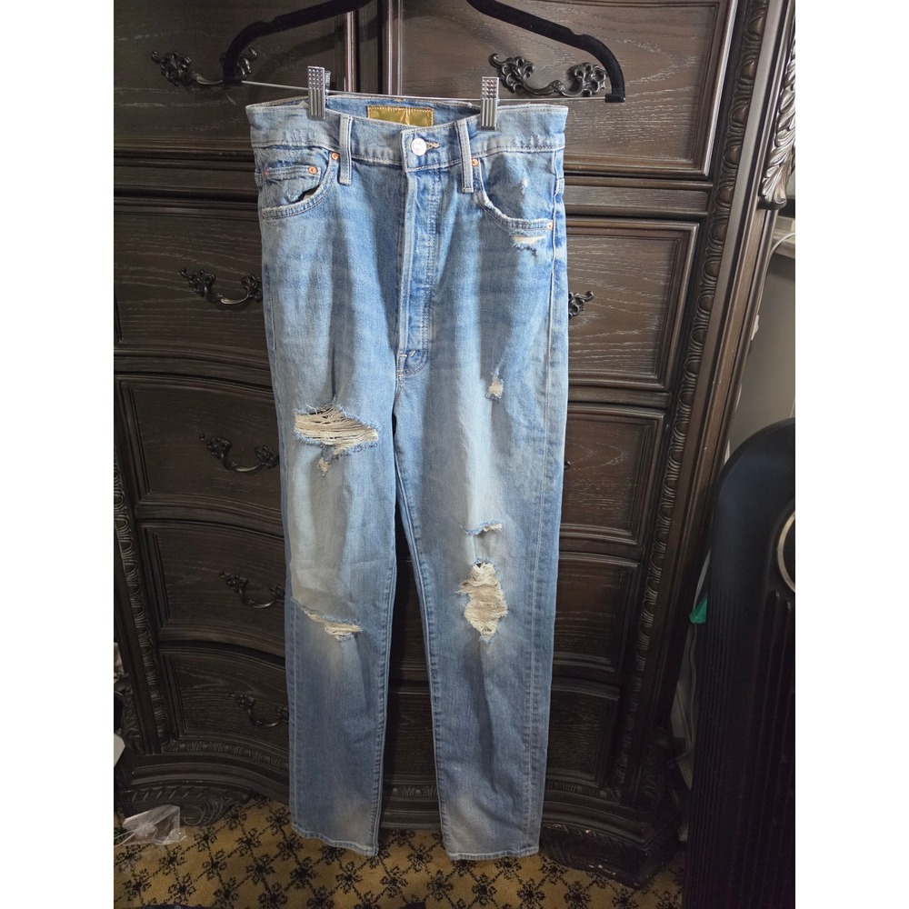 Mother Superior The Tune Up Hover Cuff Distressed Straight Leg Jeans Size 27